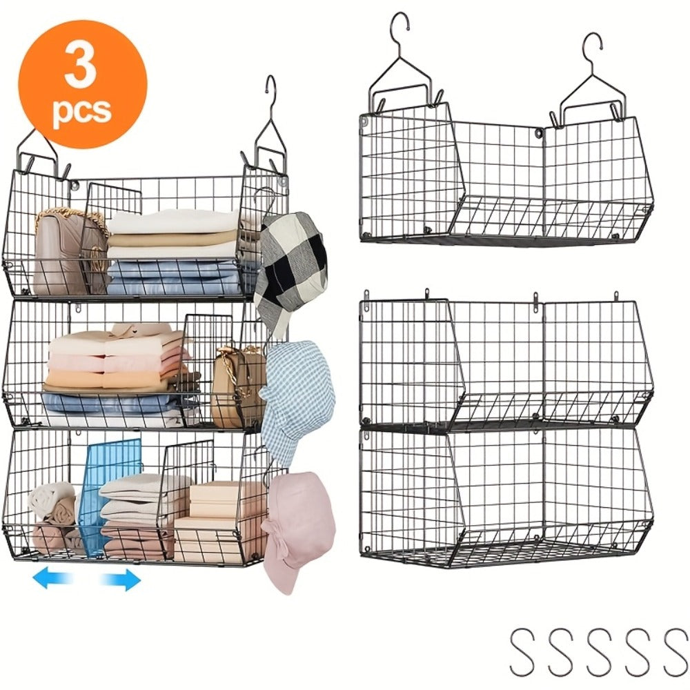 Three-Piece Hanging Wire Basket Organizer Set with Rotating Hooks in Black or White for Shelf Storage