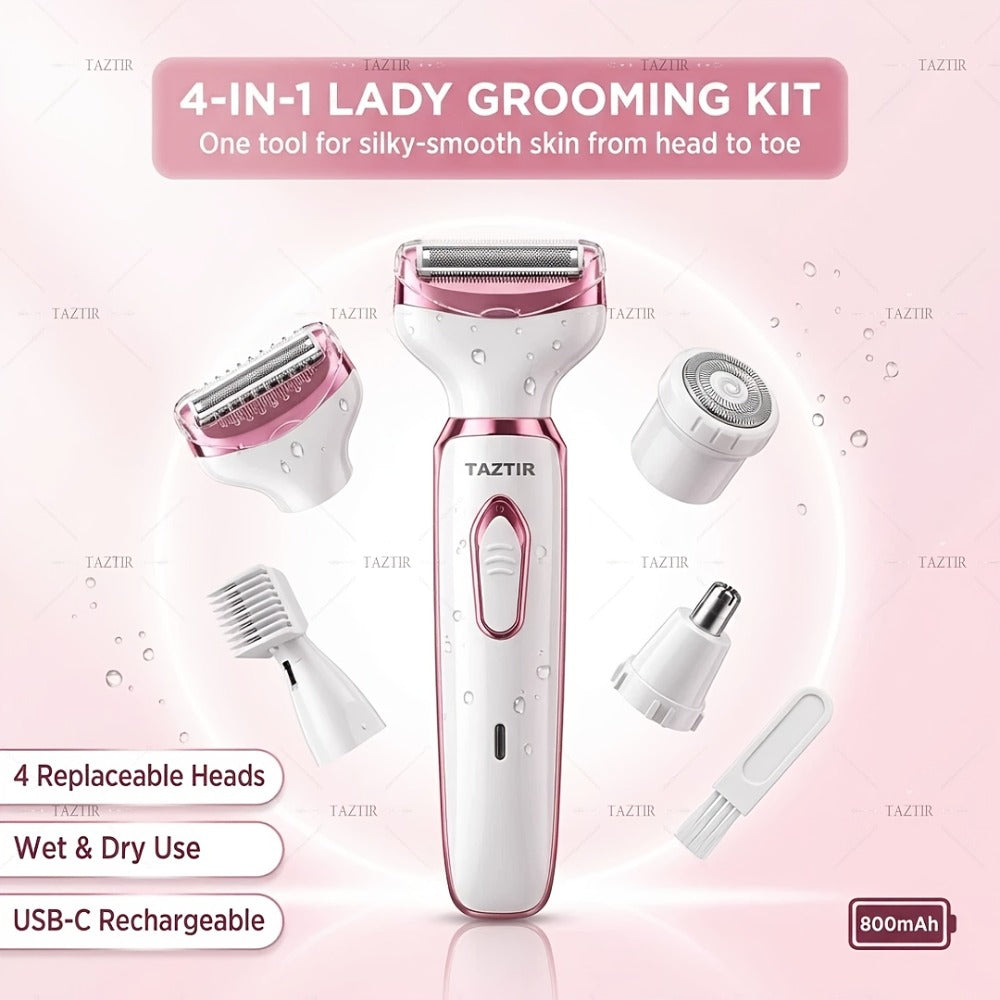 Electric Shaver 4-in-1 Women’s Grooming Kit with USB Charging for Face, Nose, Legs, Underarms and Bikini