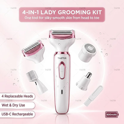 Electric Shaver 4-in-1 Women’s Grooming Kit with USB Charging for Face, Nose, Legs, Underarms and Bikini