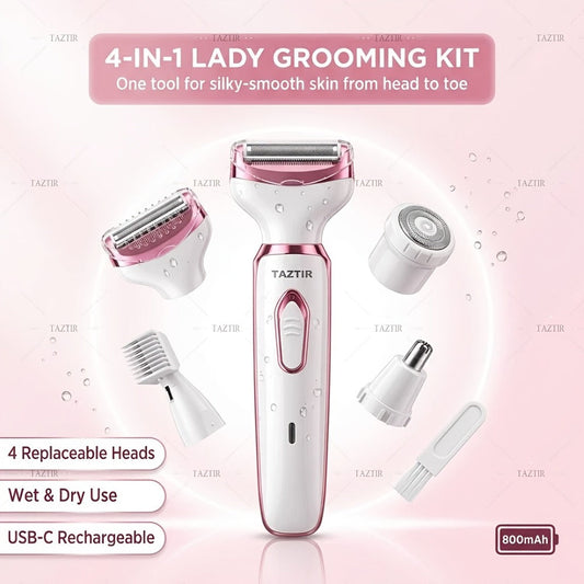 Electric Shaver 4-in-1 Women’s Grooming Kit with USB Charging for Face, Nose, Legs, Underarms and Bikini
