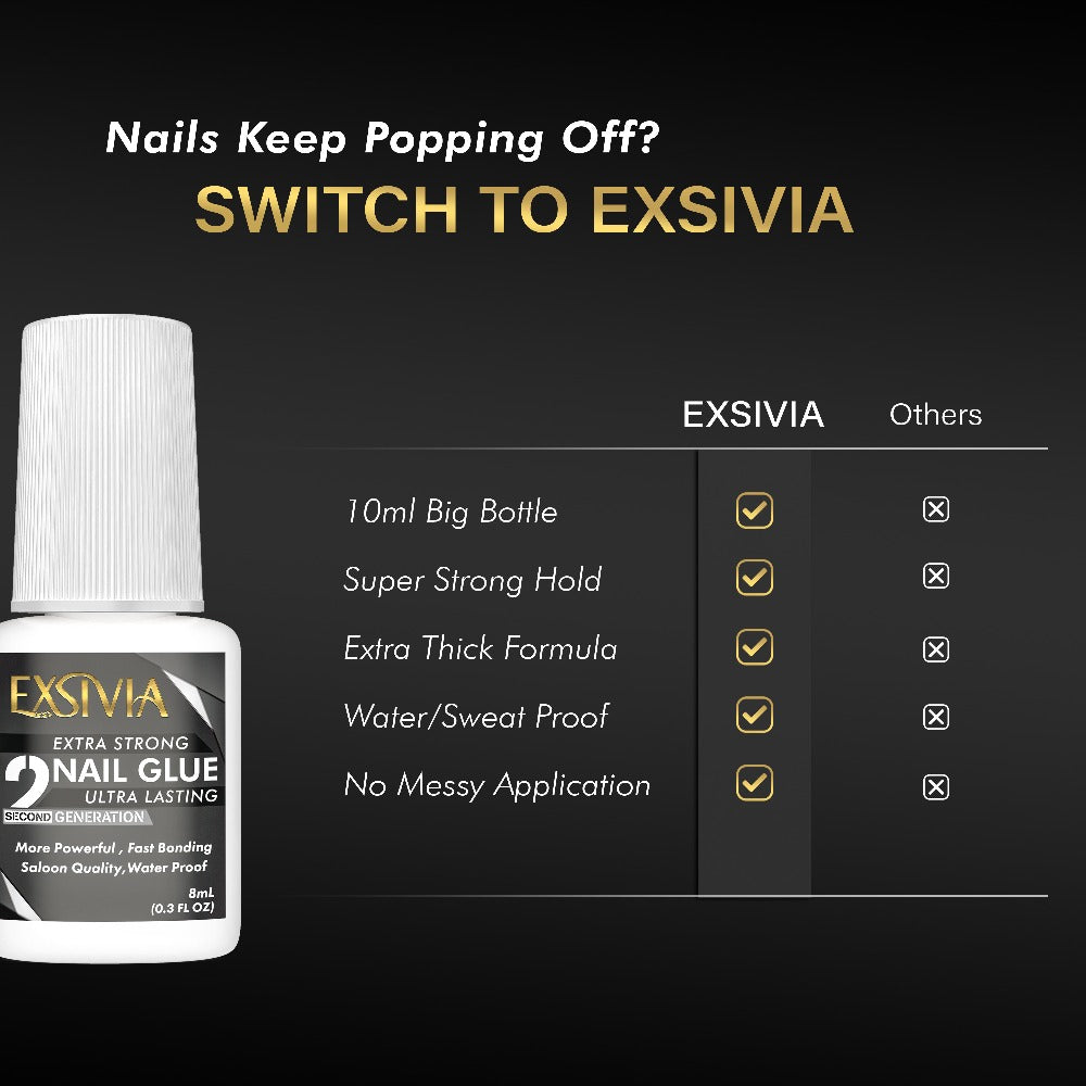 Nail Glue, EXSIVIA 10ml Brush-On Bottle with Fine Applicator for Press-On Nails, Acrylic Tips and Nail Art