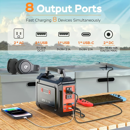 Portable Power Station 296Wh 300W with Eight Outputs, Dual AC Outlets, USB-C and Optional Solar Panel