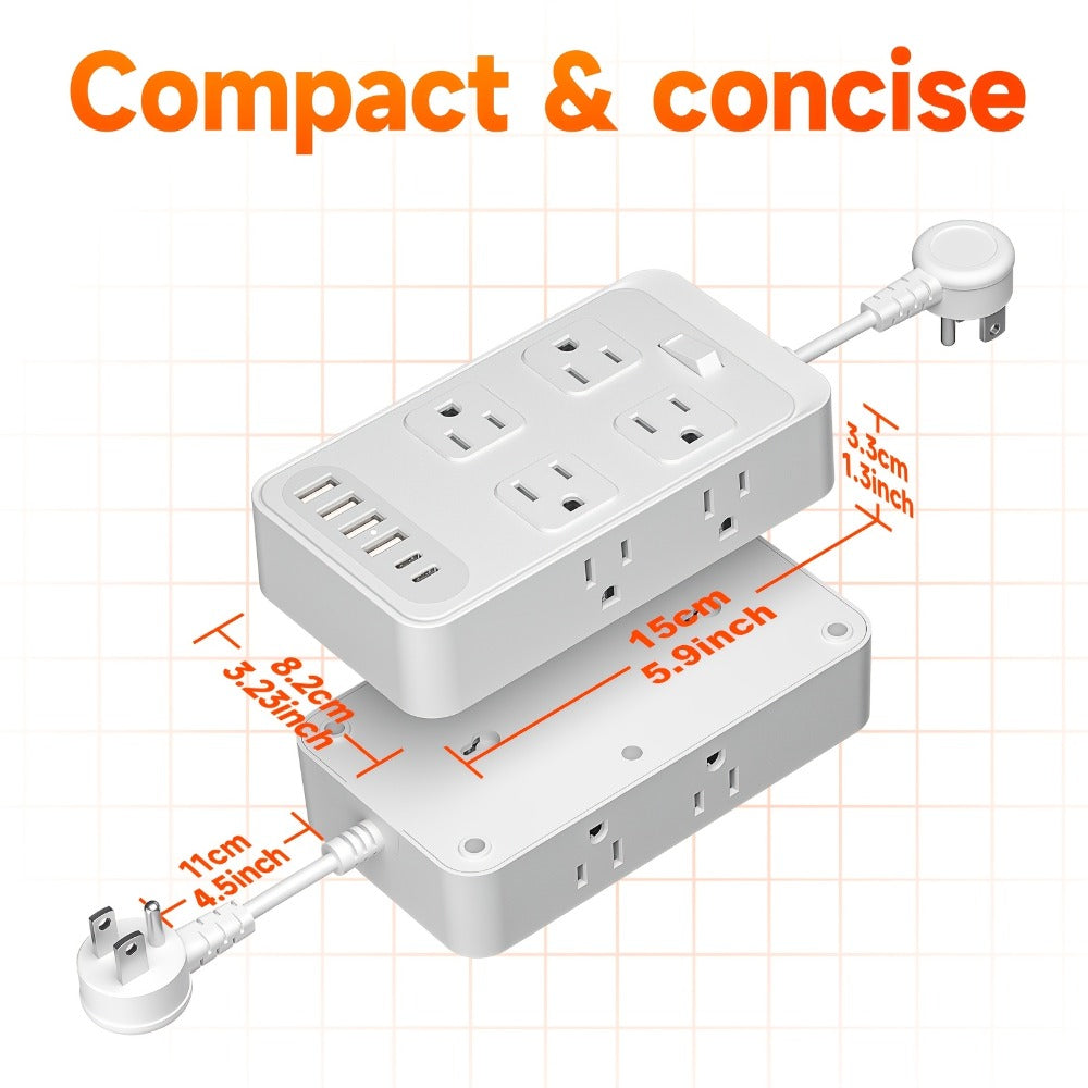 Power Strip Outlet Extender Surge Protector 8 AC Outlets 6 USB Charging Ports 4 USB-A 2 USB-C 3 Inch Short Cord Desk Charging Station for Home Dorm Office Travel White Black