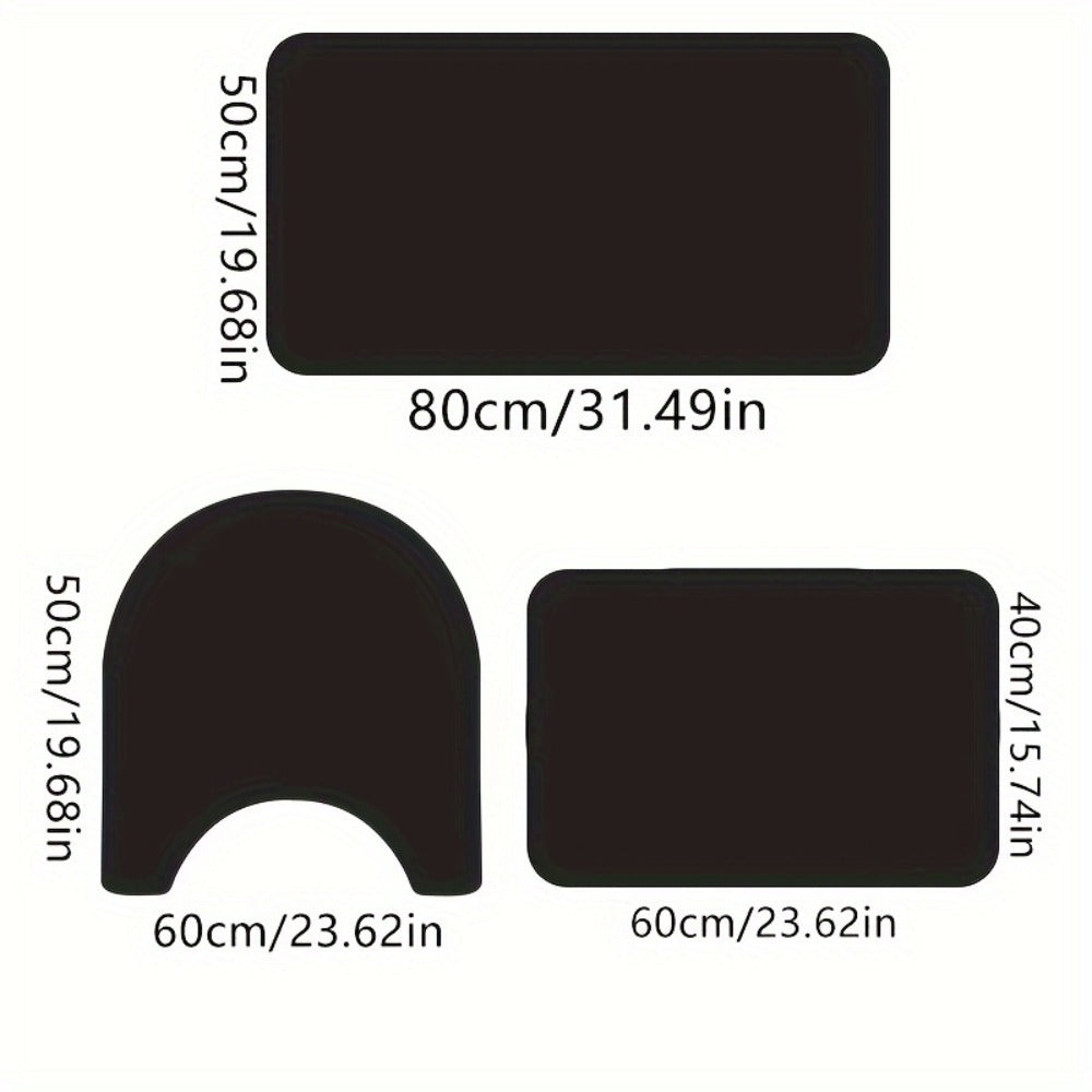 Three-Piece Polyester Bath Mat Set with Rectangular and Contour Rugs in Black Gray, Light Blue or Light Grey