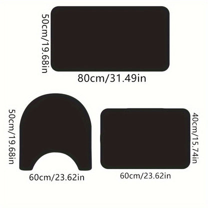 Three-Piece Polyester Bath Mat Set with Rectangular and Contour Rugs in Black Gray, Light Blue or Light Grey