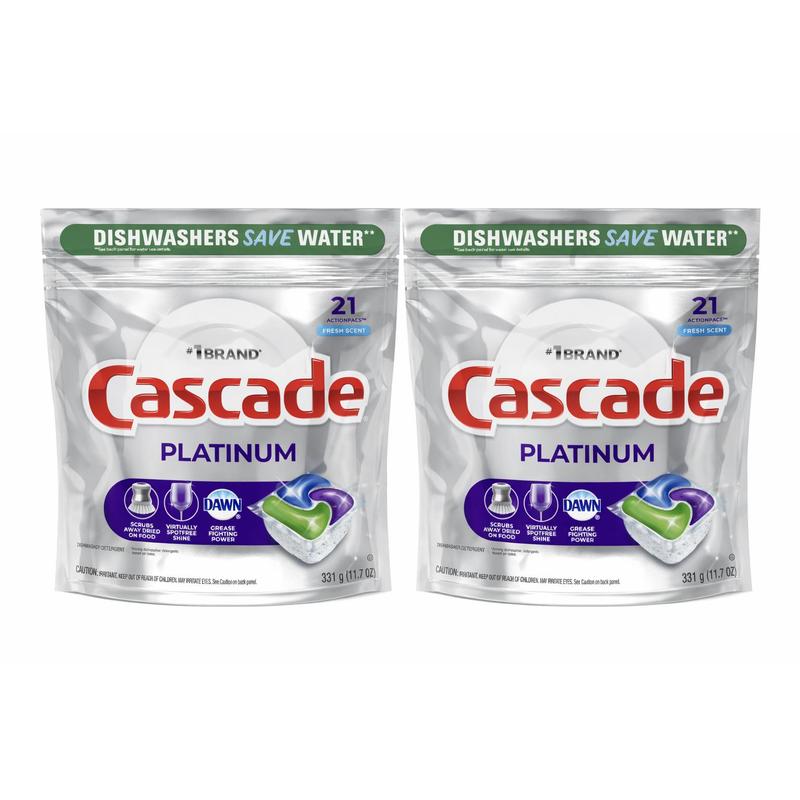 Dishwasher Pods Cascade Platinum 2 Pack – Action Pacs Detergent Tabs with Rinse Aid & Shine Booster, Fresh Scent, 21 Count per Pack