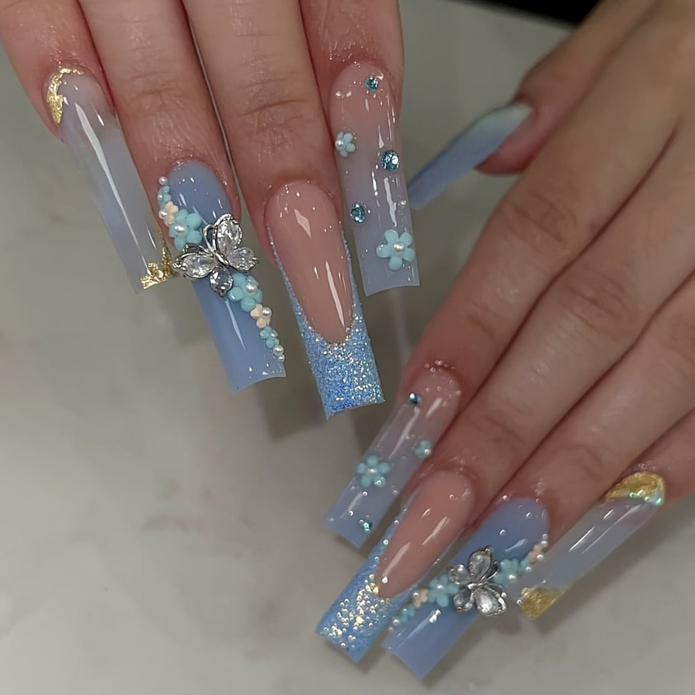 Long Ballerina Press On Nails 96 Pieces 4 Packs + 4 Bracelets Gift Set – Blue Gradient 3D Flower Butterfly Rhinestone Glossy Full Cover False Nails & Beaded Bangles for Women Girls | Prom Wedding Party