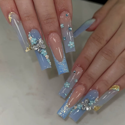 Long Ballerina Press On Nails 96 Pieces 4 Packs + 4 Bracelets Gift Set – Blue Gradient 3D Flower Butterfly Rhinestone Glossy Full Cover False Nails & Beaded Bangles for Women Girls | Prom Wedding Party