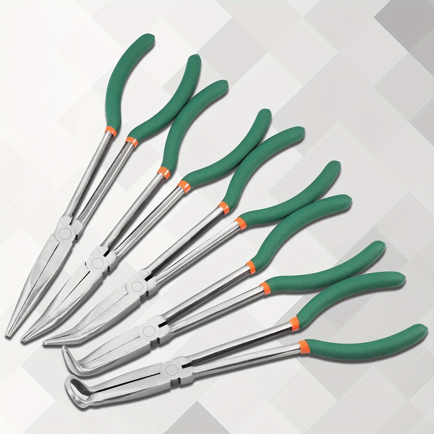 Eleven-Inch Long-Nose Fishing Pliers with 45-Degree Bent Tips, Green Grips and Narrow Hook-Access Profile