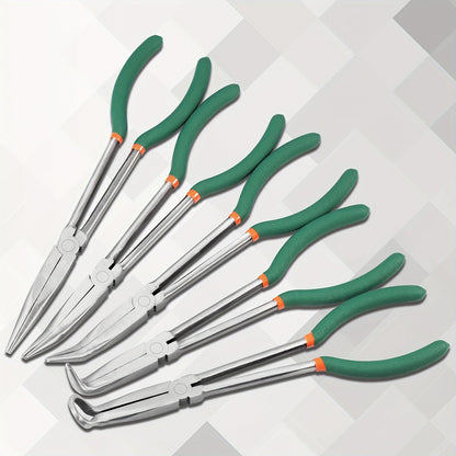 Eleven-Inch Long-Nose Fishing Pliers with 45-Degree Bent Tips, Green Grips and Narrow Hook-Access Profile