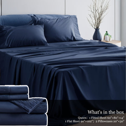 Sheet Set, Four-Piece Solid-Color Bedding with Deep-Pocket Fitted Sheet, Flat Sheet and Two Pillowcases