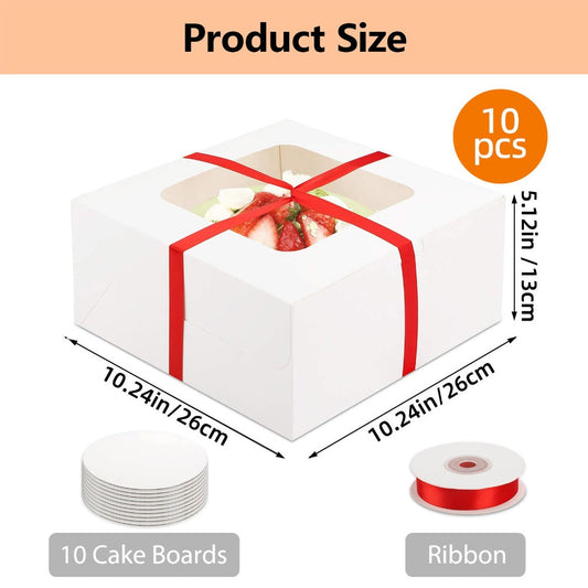 Cake Boxes 10 Sets 10x10x5 Inch White Square Bakery Boxes with Window Red Ribbon and Round Cake Boards for Birthday Party Wedding Holiday Baking Gift Packaging