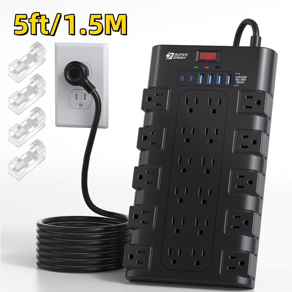 Heavy Duty 28-in-1 Surge Protector Power Strip, 22 AC Outlets & 6 USB Ports (1 USB-C), 5ft Extension Cord, Charging Station for Home Office Tool Room Desk – Overload Protection, 2500W