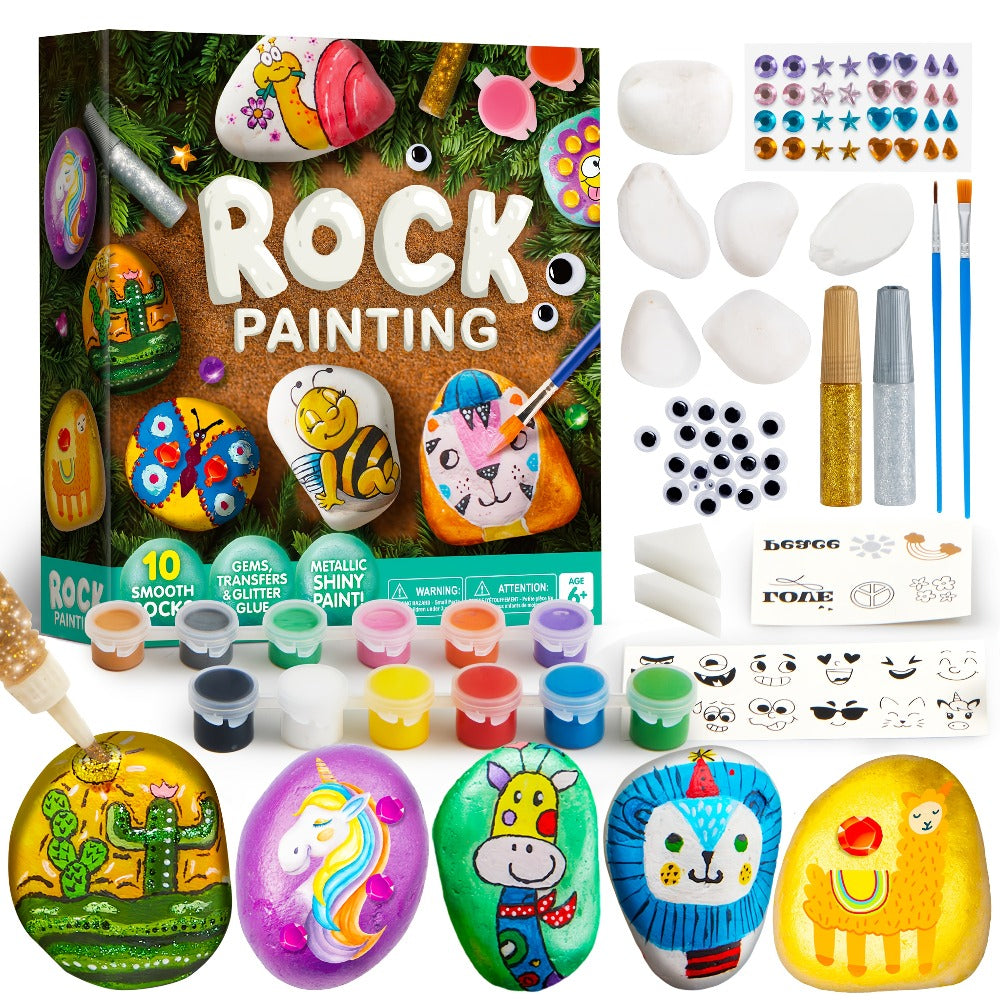 Rock Painting Craft Kit with 10 Stones, 16 Paint Colors, Brushes, Gems, Glitter and Stickers