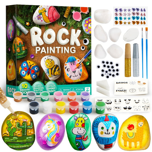 Rock Painting Kit for Kids 10 Stones 16 Paints 6 Metallic Colors Arts and Crafts Set for Girls Boys Ages 6+ DIY Stone Art with Gems Glitter Glue Stickers Brushes Birthday Christmas Gift