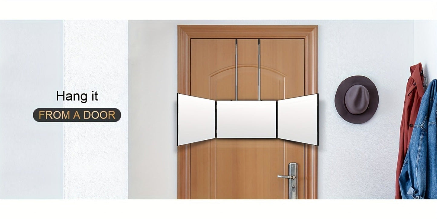 Three-Way Hair Cutting Mirror with Folding Panels, Adjustable Door Hooks and LED, Non-LED or Two-Pack Options