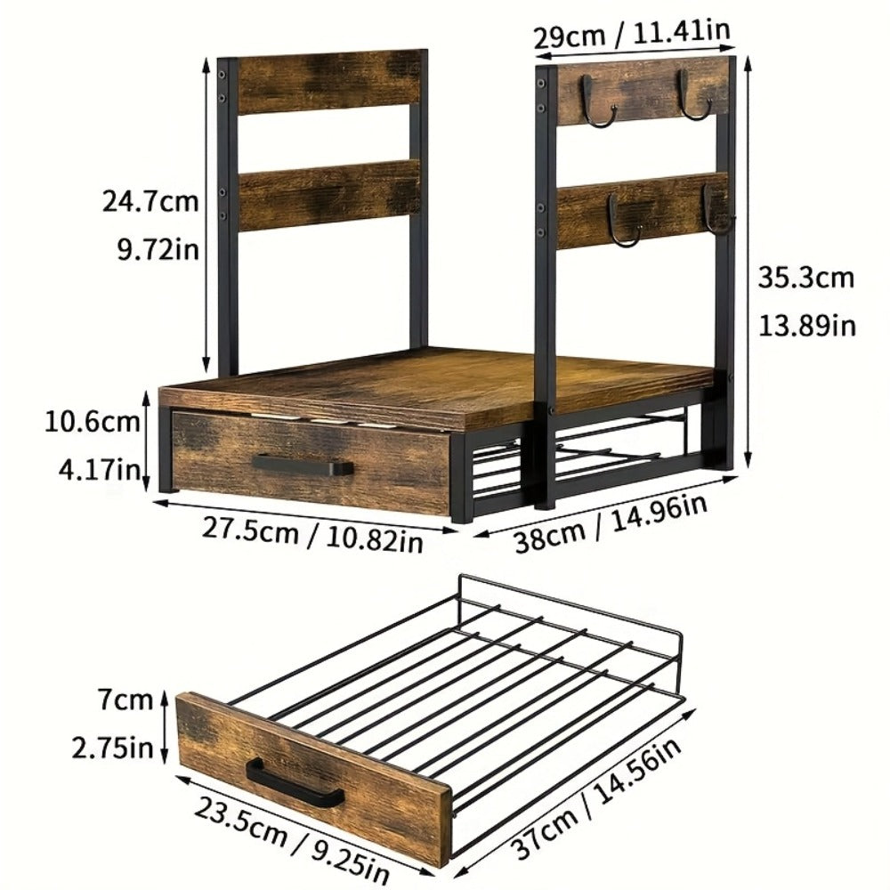 Coffee Capsule and Mug Rack Kitchen Organizer Single or Double Layer Countertop Stand in Rustic Brown