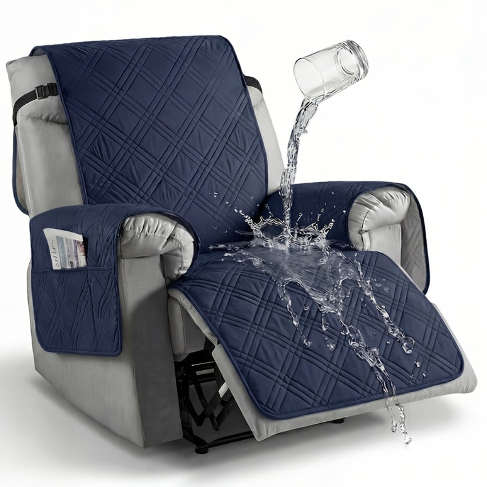 Quilted One-Piece Recliner Chair Cover with Side Pocket, Back Strap and Six Solid Color Options