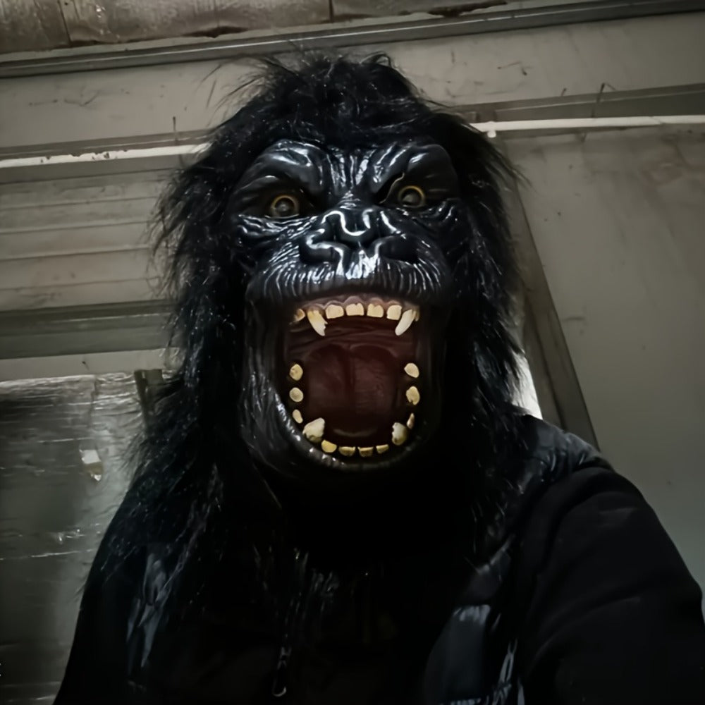 Black Gorilla Full-Head Costume Mask in Open-Eye or Eyeless Styles with Shaggy Fur and Open Mouth