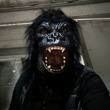 Black Gorilla Full-Head Costume Mask in Open-Eye or Eyeless Styles with Shaggy Fur and Open Mouth