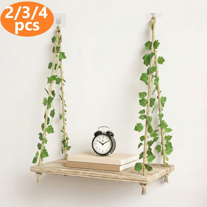 Hanging Wall Shelf Set with Macrame-Style Ropes, Artificial Ivy, LED Light Strands and 2- to 4-Piece Options