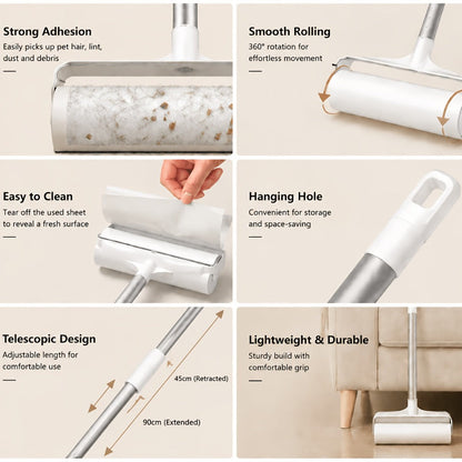 Long-Handle Pet Hair Lint Roller Set with Floor Mop Head and Three Pictured Adhesive Refill Rolls