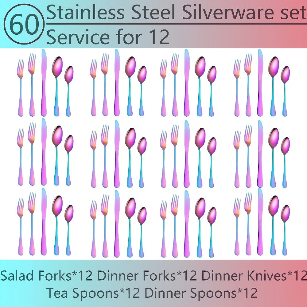 20- or 60-Piece Flatware Set in Silver, Gold or Rainbow Finish with Five-Piece Place Settings