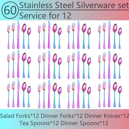 20- or 60-Piece Flatware Set in Silver, Gold or Rainbow Finish with Five-Piece Place Settings