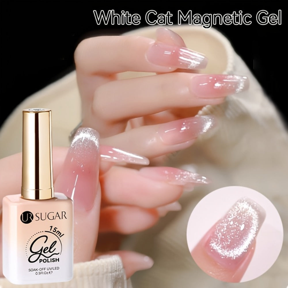 White Glitter Cat Eye Gel Polish Set 2pc Sparkling Magnetic with Stick Included | Soak Off UV LED 0.51oz Each Semi-Permanent 3D Nail Art | Salon & Home DIY Manicure Kit for Women Beginners