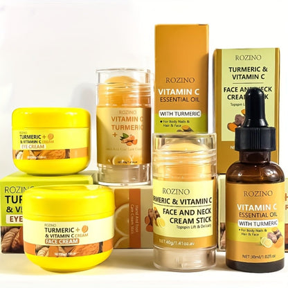 Skincare Set with ROZINO Label, 5 Turmeric and Vitamin C Cream and Serum Items for Face Hands and Feet