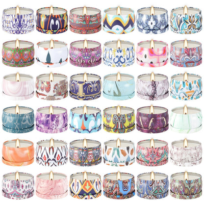 36-Piece Candle Gift Set with Lidded 2.5oz Decorative Tins in Three Coordinated Design Families