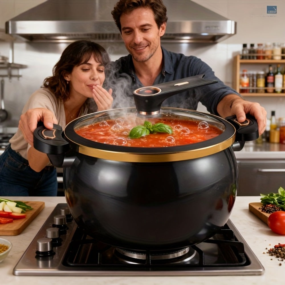 Ceramic-Coated Stockpot Cookware with 8.45QT Capacity, Twist-Lock Lid Handle and Three Colors