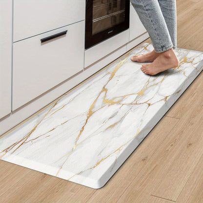 Marble-Pattern Kitchen Floor Mat in Three Exact Rectangular Sizes with Cushioned Low-Profile Form