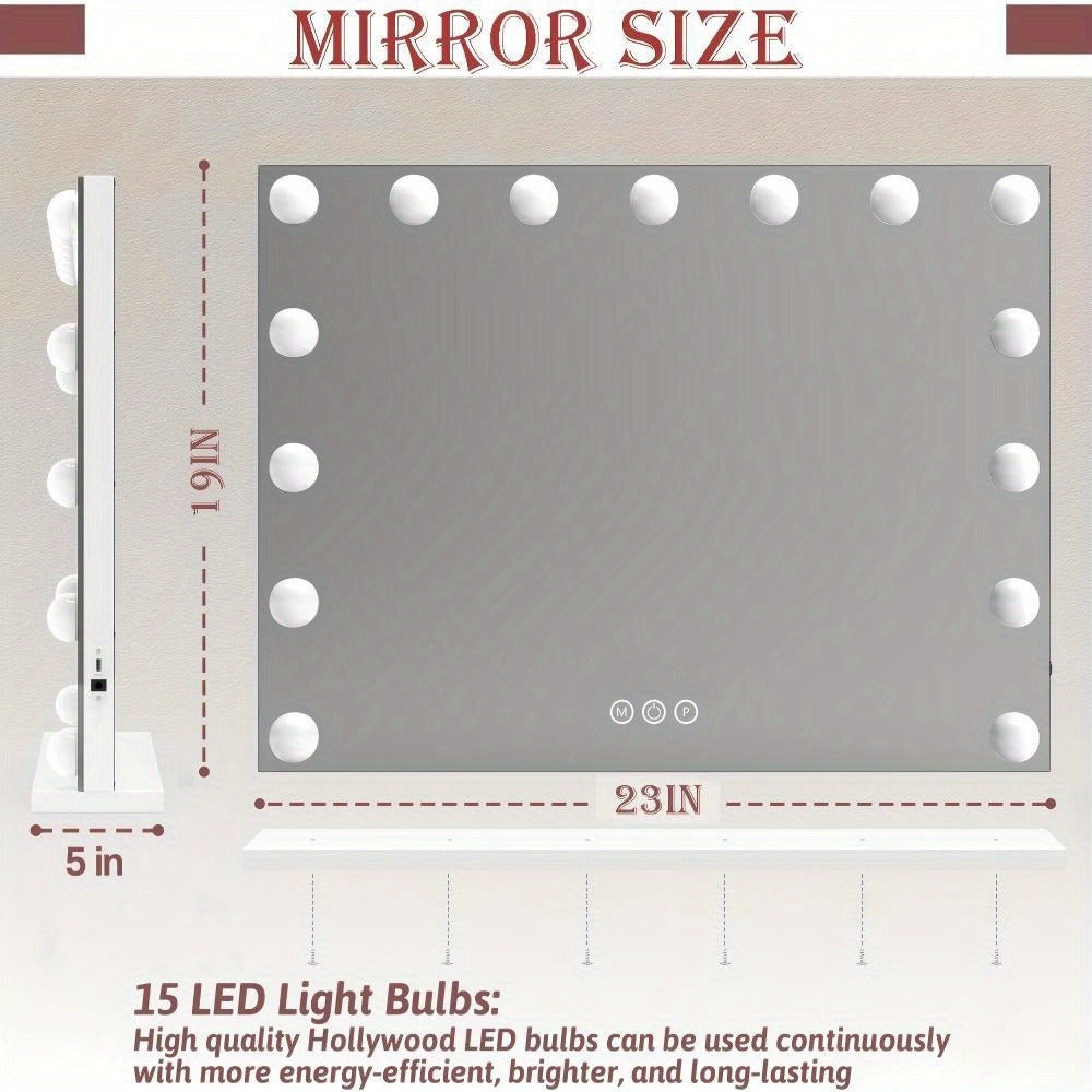 Lighted Vanity Mirror with 15 LED Bulbs - Hollywood Makeup Mirror 23x19 Inch, 3 Color Dimmable Lighting, Wall Mounted or Tabletop, USB Port, Brightness Memory, White, Large Professional Beauty Mirror