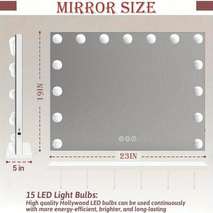 Lighted Vanity Mirror with 15 LED Bulbs - Hollywood Makeup Mirror 23x19 Inch, 3 Color Dimmable Lighting, Wall Mounted or Tabletop, USB Port, Brightness Memory, White, Large Professional Beauty Mirror
