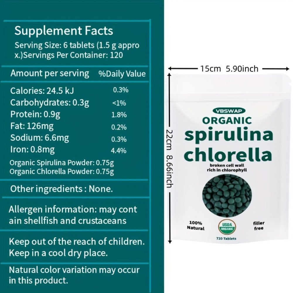Organic Chlorella & Spirulina Tablets 720 Count – 4 Month Supply, 50/50 Superfood Blend, Cracked Cell Wall, Vegan Protein, No Fillers | Daily Green Supplement | ShopVora UK