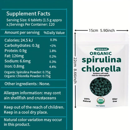 Organic Chlorella & Spirulina Tablets 720 Count – 4 Month Supply, 50/50 Superfood Blend, Cracked Cell Wall, Vegan Protein, No Fillers | Daily Green Supplement | ShopVora UK