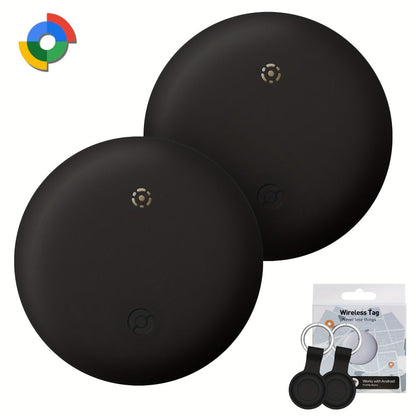 Two-Pack Round Android Find My Device Trackers with Black Key Ring Holders and Replaceable Batteries