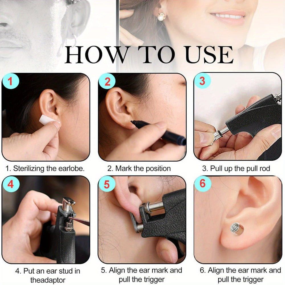 Ear Piercing Gun Kit with 24pcs Stainless Steel Studs – Professional Self Piercing Tool for Ear & Nose with Marking Pen, Safe & Easy to Use for Home & Salon