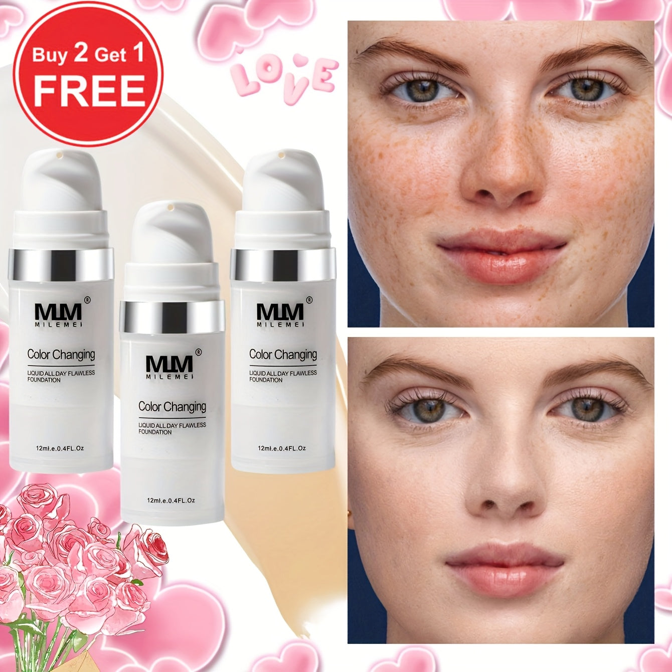 Color Changing BB Cream Foundation Set 3pcs Matte Oil Control extended-wear Smudge Proof Concealer Base Skin Tone Adaptive Face Makeup for