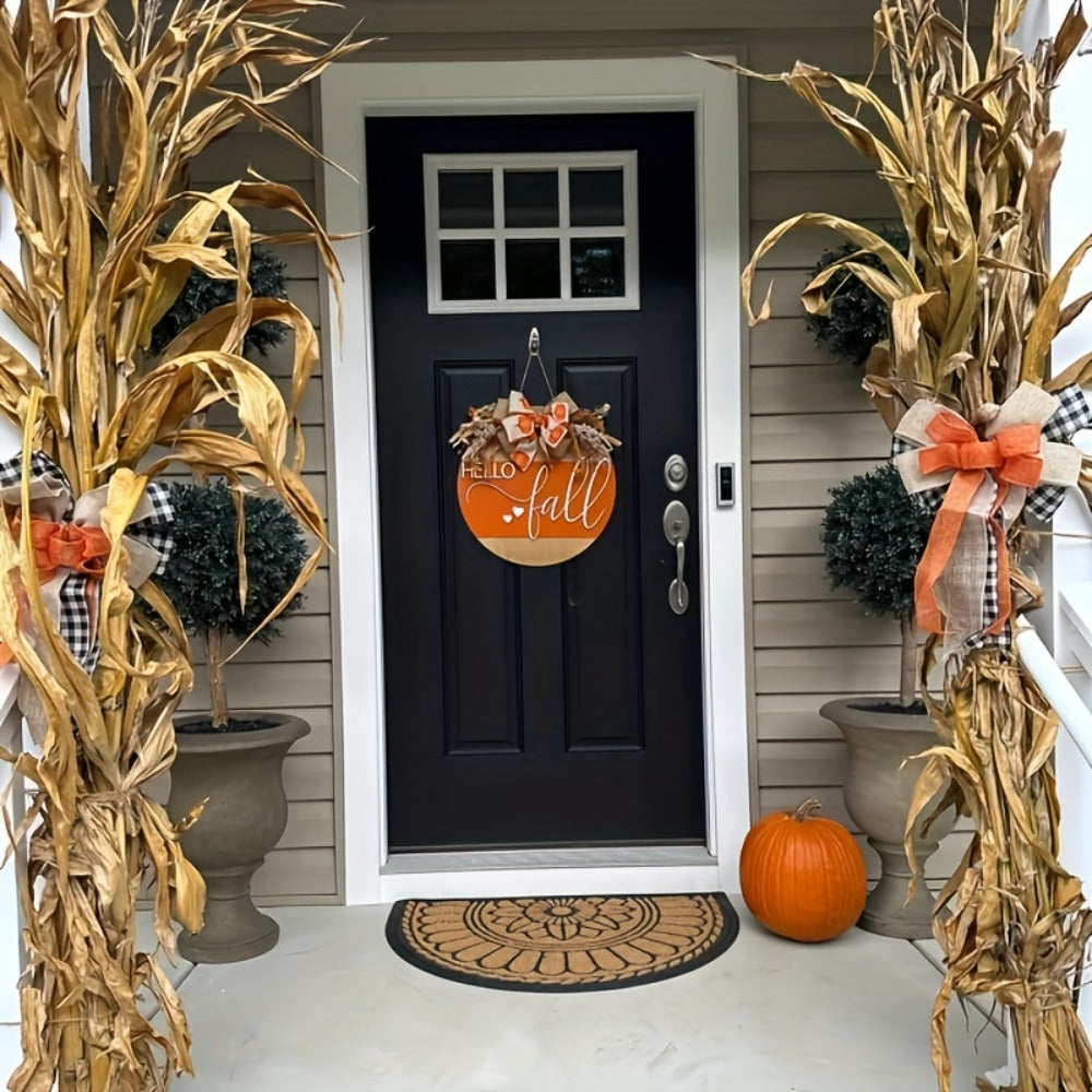 Hello Fall Pumpkin Door Hanger with Wheat Sprays, Layered Bow and 11.8-Inch Round Wood-Look Sign