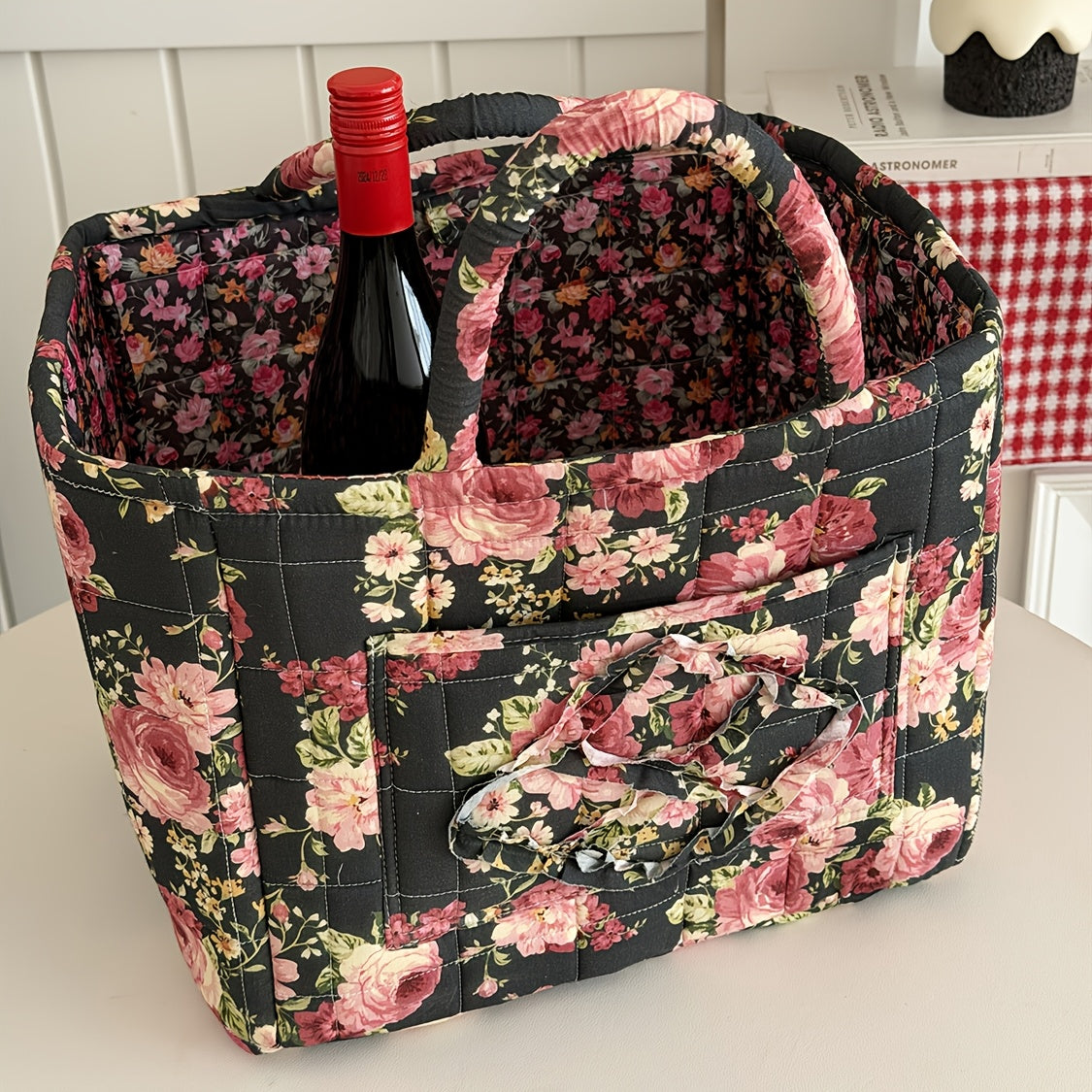 Quilted Floral Carry Storage Basket, Approximately 32 x 26 x 25cm with Two Padded Handles and Seven Patterns