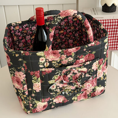 Quilted Floral Carry Storage Basket, Approximately 32 x 26 x 25cm with Two Padded Handles and Seven Patterns
