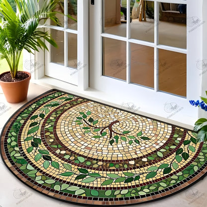 Green Leaf Mosaic Door Mat with Half-Round Shape, Concentric Decorative Borders and 32 x 20-Inch Size