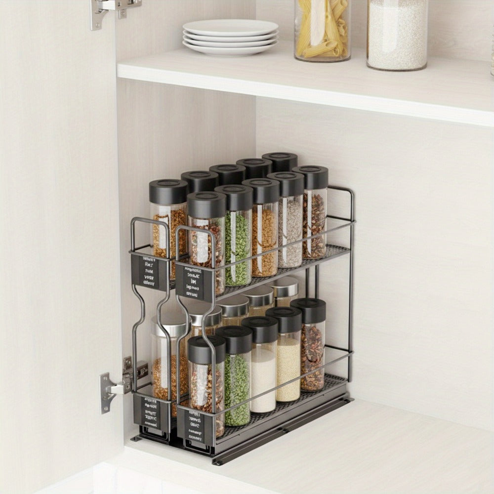 Pull-Out Spice Rack Kitchen Organizer with Two Slide-Out Drawers, 415 Labels and 5.2 x 10.75-Inch Footprint