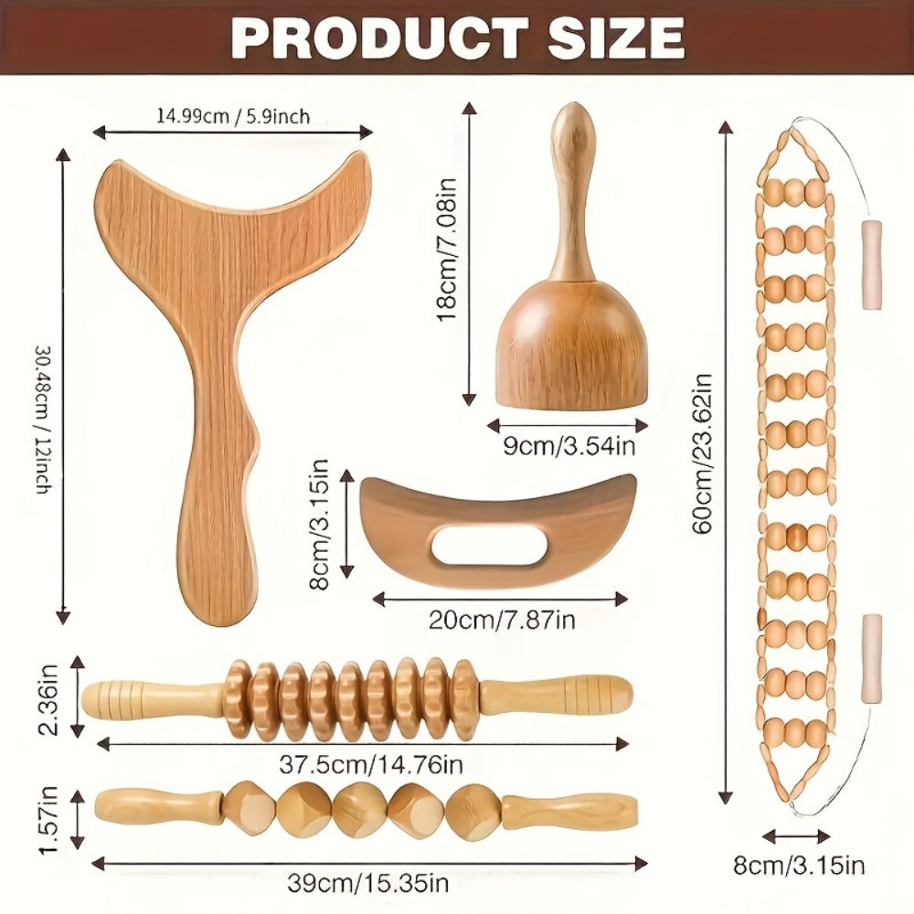 Wooden Manual Massage Tool Set, Six-Piece Roller and Scraping Kit with Textured Heads for Face, Neck and Body