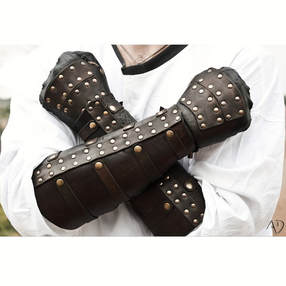 Riveted Costume Forearm Guard in Brown, Black or Coffee with Finger Loop and Buckled Strap Details