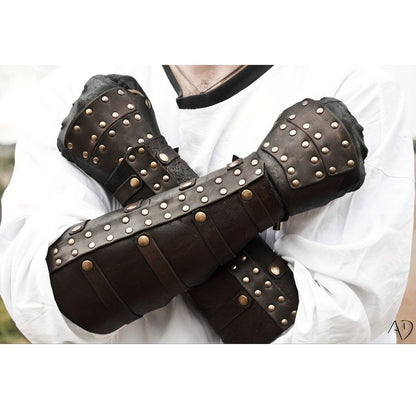 Riveted Costume Forearm Guard in Brown, Black or Coffee with Finger Loop and Buckled Strap Details