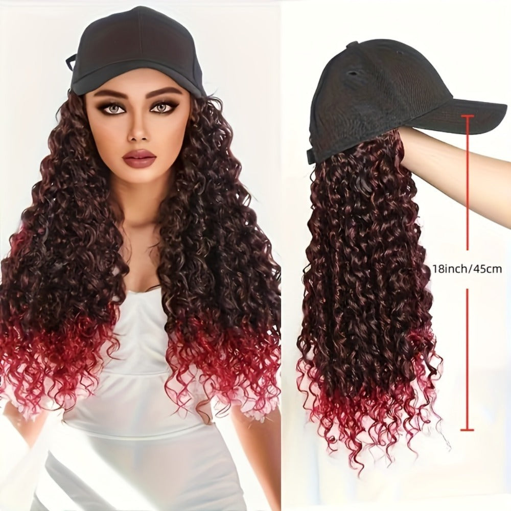 Afro Kinky Curly Baseball Cap Wig for Women 18 Inch Hat and Wig Combo Adjustable Elastic Net Long Synthetic Curly Hair Multi-Color Casual Daily Outdoor Wear
