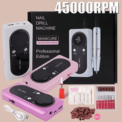 Nail Drill 45000 RPM LCD Display Adjustable Speed Cordless Electric Nail File Low Noise Manicure Machine Buffing Polishing Tool Set for Salon Home Women Nail Techs Pink White Purple